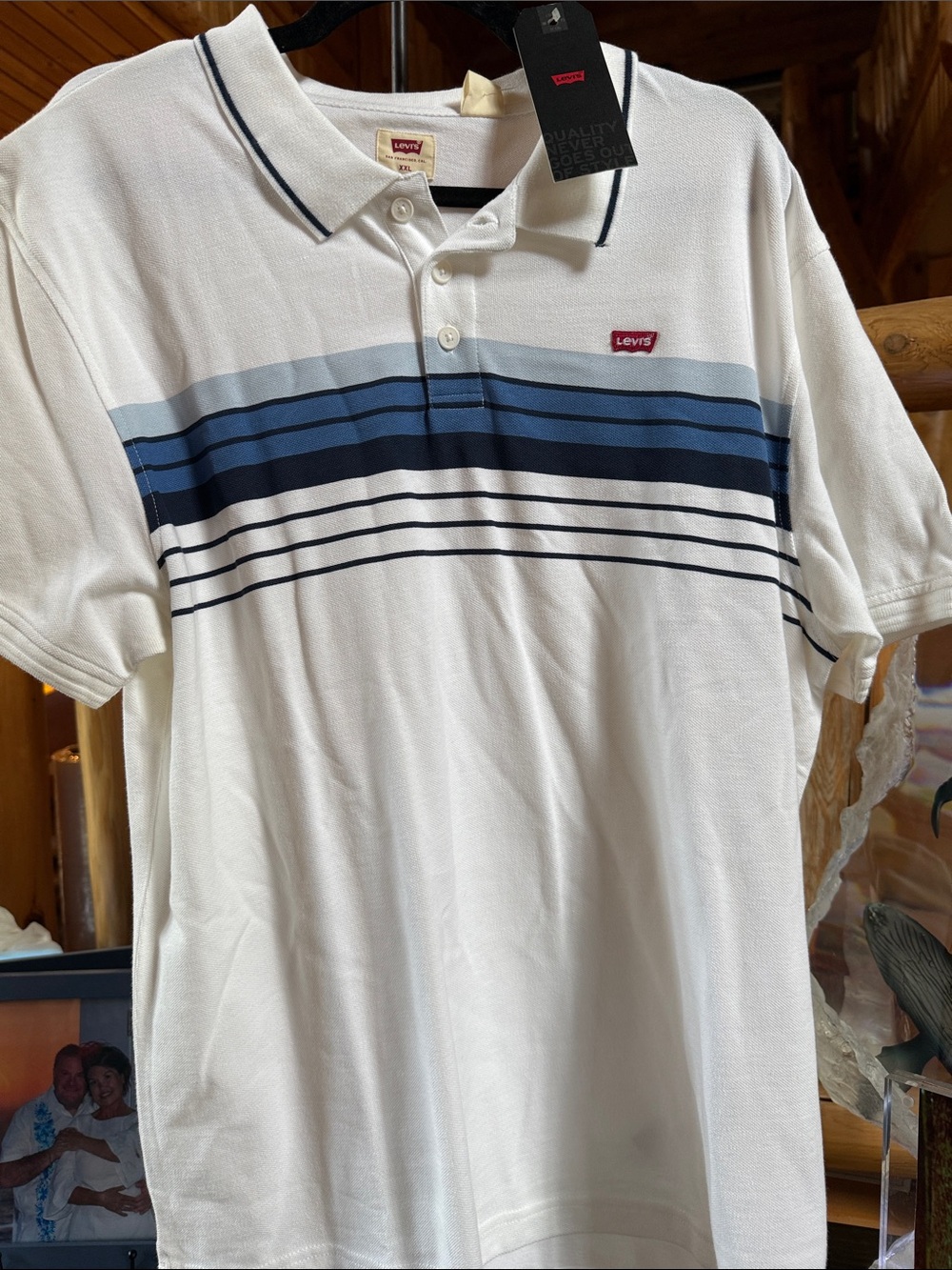Levi's Men's White Polo with Navy and Light Blue Stripes